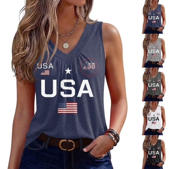 USA 250th Anniversary Tank Top for Women Patriotic V-Neck Sleeveless Blouse Ruched Casual Summer Tee 1776-2026 Graphic Top Black L