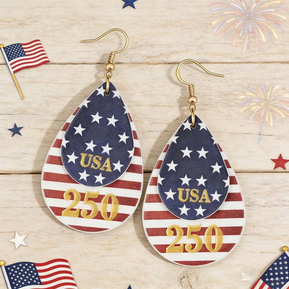 USA 250th Anniversary Teardrop Earrings, Patriotic American Flag Dangle Earrings, 4th of July Red White Blue Leather Drop Earrings, for Independence Day Party, 3 Inch