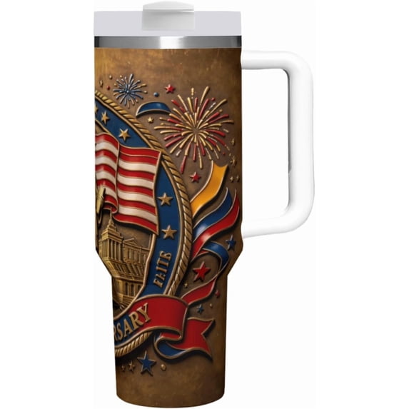 USA 250th Anniversary Tumbler with Handle, Statue of Liberty and Liberty Bell Design, 1776-2026, Stainless Steel Tumbler with Lid