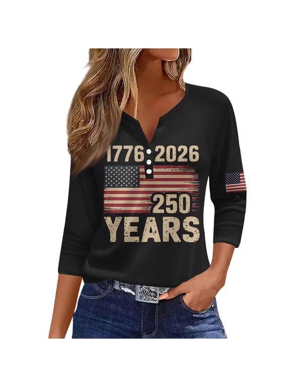 USA 250th Anniversary V Neck T Shirt Women 3/4 Sleeve Button Down American Flag 250 Years Tops