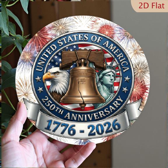 USA 250th Anniversary Wall Plaque, Liberty Bell & Bald Eagle & Statue of Liberty, 1pc, 8" Round Aluminum USA Metal Sign, For American History Celebrations, 4th of July Decor, Patriotic Decor, 2D Flat