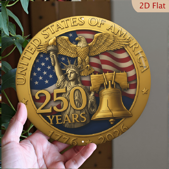 USA 250th Anniversary Wall Plaque, Liberty Bell & Bald Eagle & Statue of Liberty, 1pc, 8" Round Aluminum USA Metal Sign, For American History Celebrations, 4th of July Decor, Patriotic Decor, 2D Flat