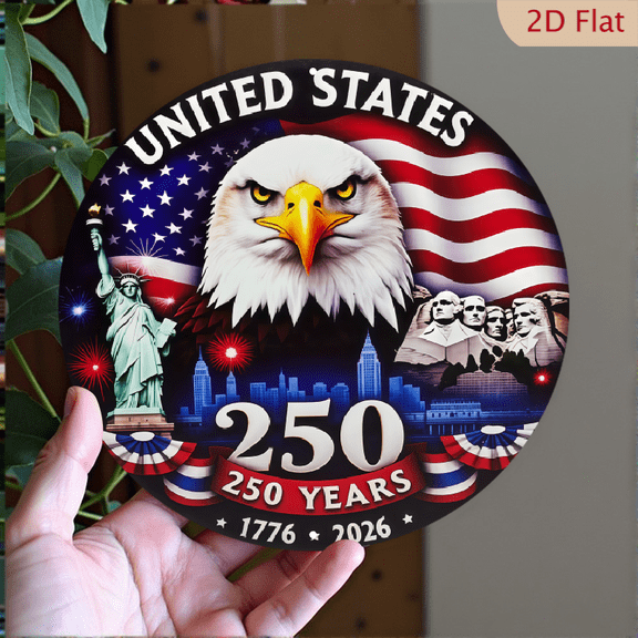 USA 250th Anniversary Wall Plaque, Presidential Statue & Bald Eagle & Statue of Liberty, 1pc, 8" Round Aluminum USA Metal Signs, For American History, 4th of July Decor, Patriotic Decor, 2D Flat