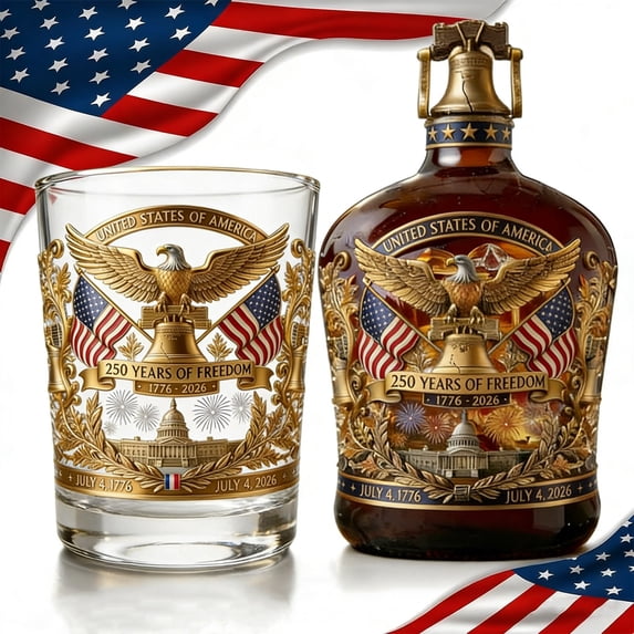 USA 250th Anniversary Whiskey Glass & Bottle, 1776-2026 Patriotic America Commemorative Set, Bald Eagle & Liberty Bell Design, 4th of July Gift(1*350ml Bottle & 1*300ml Glasses)