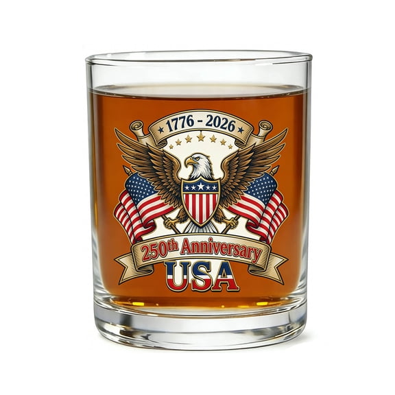 USA 250th Anniversary Whiskey Glass, Clear, 3.54 Inch, Patriotic Bar Decor