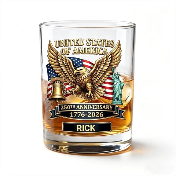 USA 250th Anniversary Whiskey Glass, Custom 1776-2026 Patriotic American Eagle and Flag Design, for Bourbon, Whiskey, or Scotch