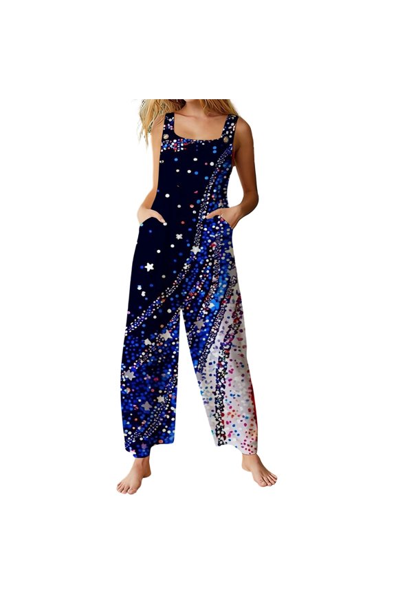 USA 250th Anniversary Womens Jumpsuits Stars and Stripes Print Square Collar Sleeveless Ankle Length Overalls with Pockets Long Sleeve Romper Comfortable Casual Piece Outfit Holiday Party Blue L