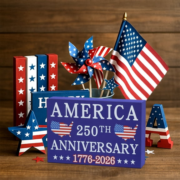 USA 250th Anniversary Wooden Sign Table Decor 7x4.7 inch, Patriotic Map 250 Years of Freedom Wooden Indoor Home Decoration