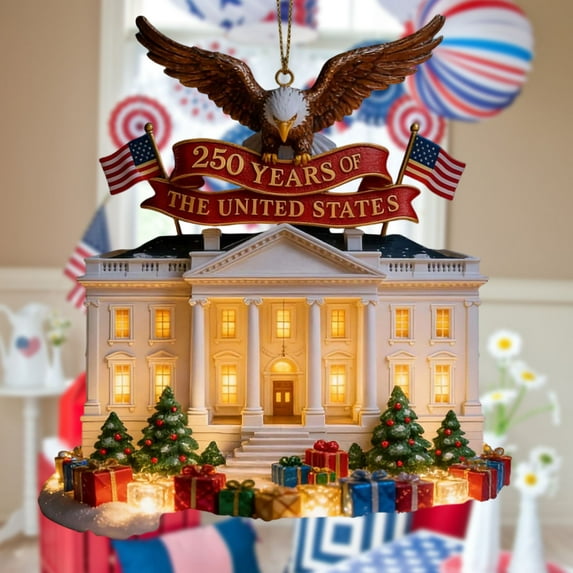 USA 250th Celebration Ornament Patriotic Acrylic or Resin Hanging Christmas Tree Decoration, White House or Flag Design, Perfect for Veterans, Collectors, Holiday, or Year-Round Display