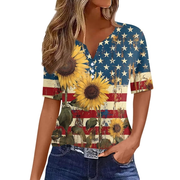 USA 250th Celebration Printing Patterns Women's T-Shirts Casual Loose Short Sleeve V Neck Tops Party Outdoor Tee Shirts