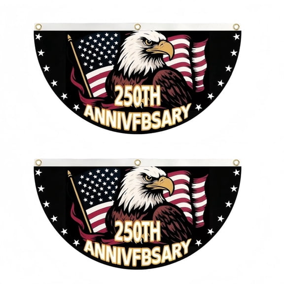 USA 250th Semicircle Fan Flags 2-Pack — 6 Designs (Stars & Stripes, Eagle, US Map) 47"x23" Polyester Half-Round Banner with 3 Copper Grommets, Weather-Resistant for 4th of July