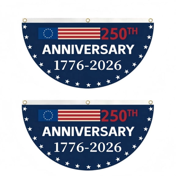 USA 250th Semicircle Fan Flags 2-Pack — 6 Designs (Stars & Stripes, Eagle, US Map) 47"x23" Polyester Half-Round Banner with 3 Copper Grommets, Weather-Resistant for 4th of July