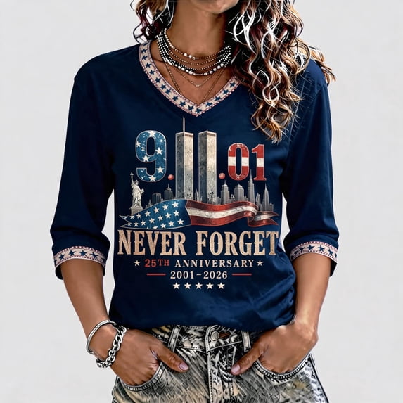 USA 25th Anniversary Never Forget 9/11 Womens Memorial Shirt Patriotic Tee Towers & Flag Graphic Design Top Blue XL