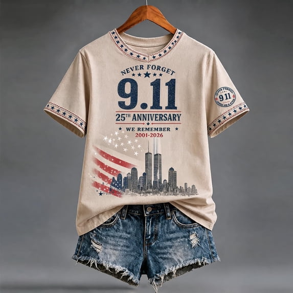 USA 25th Anniversary Never Forget 9/11 Womens Memorial Shirt Patriotic Tee Towers & Flag Graphic Design Top White XXL