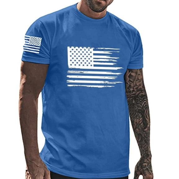 USA 4Th Of July Shirts For Men Casual Round Neck Independence Day Printed Blouse Fitness Sports Cotton Shorts Sleeves Tops Blue XXL