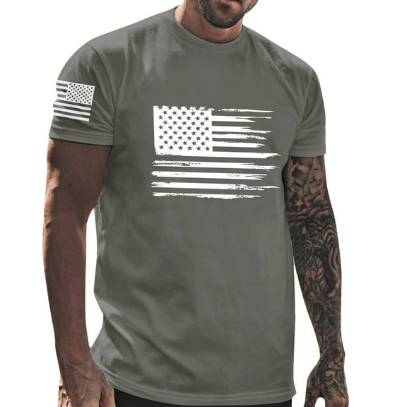 USA 4Th Of July Shirts For Men Casual Round Neck Independence Day Printed Blouse Fitness Sports Cotton Shorts Sleeves Tops Dark Gray XXL