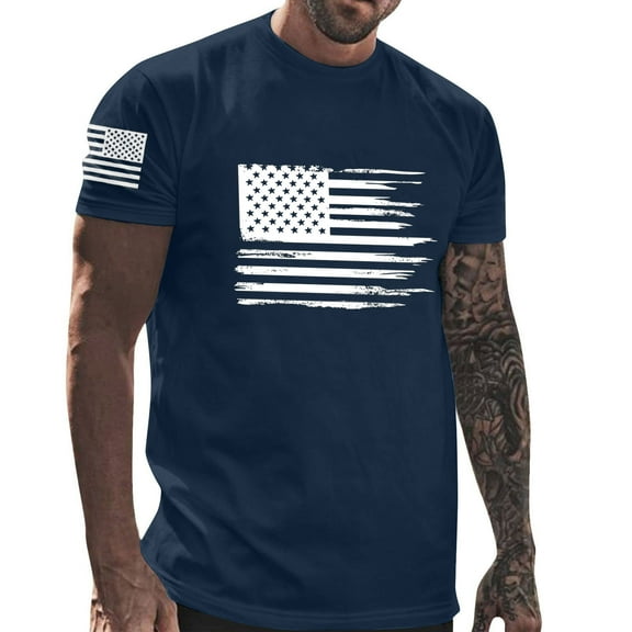 USA 4Th Of July Shirts For Men Casual Round Neck Independence Day Printed Blouse Fitness Sports Cotton Shorts Sleeves Tops Navy XXL
