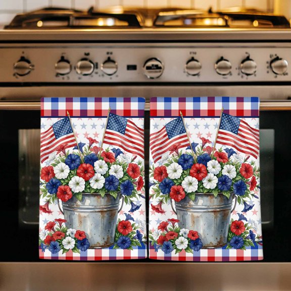 USA 4th of July Kitchen Towels Set of 1, Red Blue Plaid Floral Patriotic Absorbent Dish Towels for Kitchen, Microfiber Hand Towel, Quick Drying Tea Towel for Cleaning Decorative Dishcloths