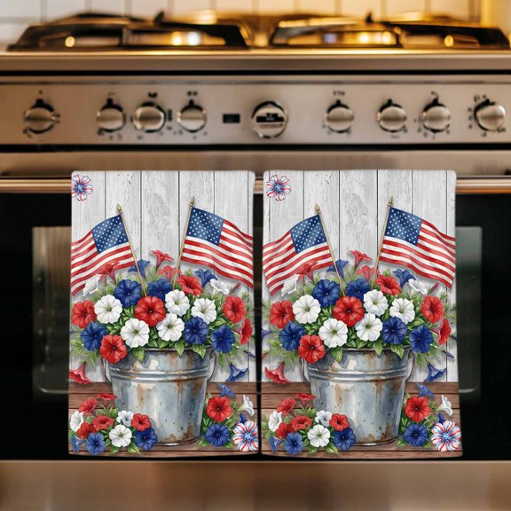 USA 4th of July Kitchen Towels Set of 2, Floral Patriotic Grey Wooden Absorbent Dish Towels for Kitchen, Microfiber Hand Towel, Quick Drying Tea Towel for Cleaning Decorative Dishcloths