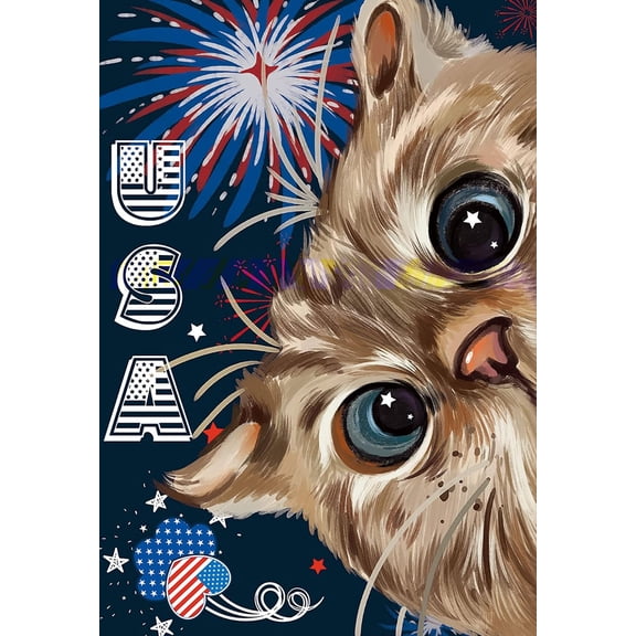 USA 4th of July Patriotic Cat Kitten Firework Decoration Memorial Day Holiday House Flag USA Independence Day Outdoor Yard Banner 28" x 40"