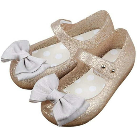 USA 9 Girls Princess Mary Jane Cloth Bow Jelly Shoes Flats(Gold)