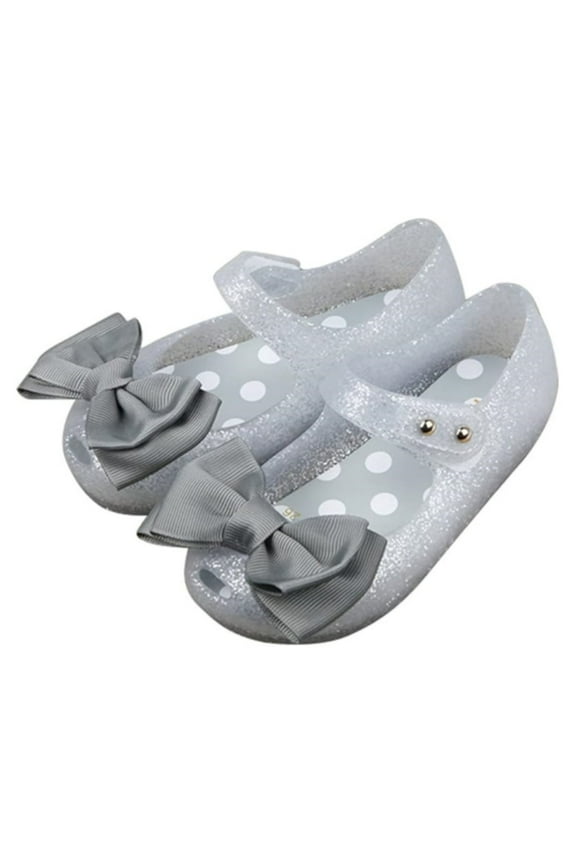 USA 9 Girls Princess Mary Jane Cloth Bow Jelly Shoes Flats(Silver)