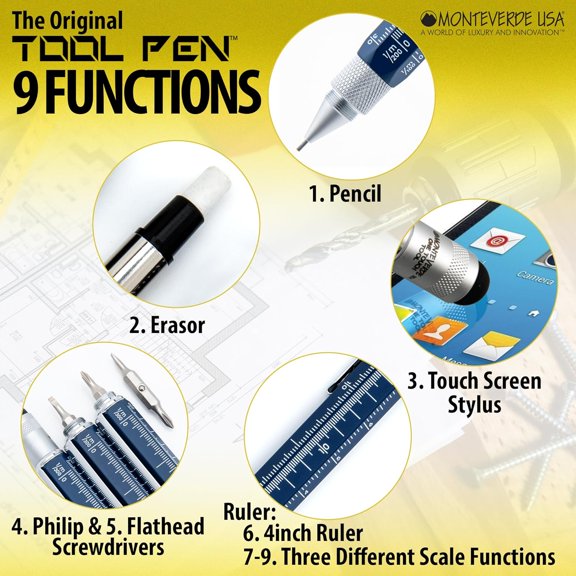 USA 9-in-1 Tool Mechanical Pencil in Navy Blue Multifunctional Pencil with Stylus, Screwdrivers, Ruler, and Eraser Exclusive Collection Ideal Gift for Professionals