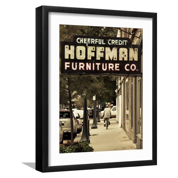 Art.com USA, Alabama, Mobile, Dauphin Street, Old Neon Sign for Hoffman Furniture Photographic Print by Walter Bibikow, Black Frame Wall Art, 17" x 21"
