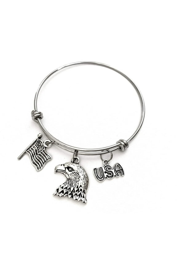 USA America themed bracelet. Includes Bald Eagle, American Flag, and USA with Stars Charms. American Gift. Born in the USA.