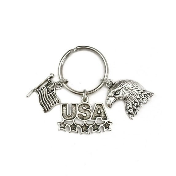 USA America themed keychain. Includes Bald Eagle, American Flag, and USA with Stars Charms. American Gift. Born in the USA.