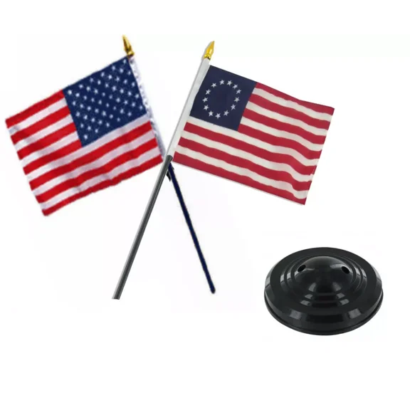 USA American & Betsy Ross Flag 4"x6" Desk Set Table Black Base