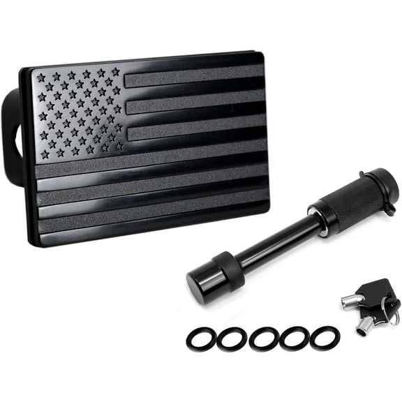 USA American Black Flag Metal Trailer Hitch Cover for 2 inch Receivers Chevy Colorado Ford GMC Toyota Jeep Dodge Nissan Audi Porsche (with Locking Pin)