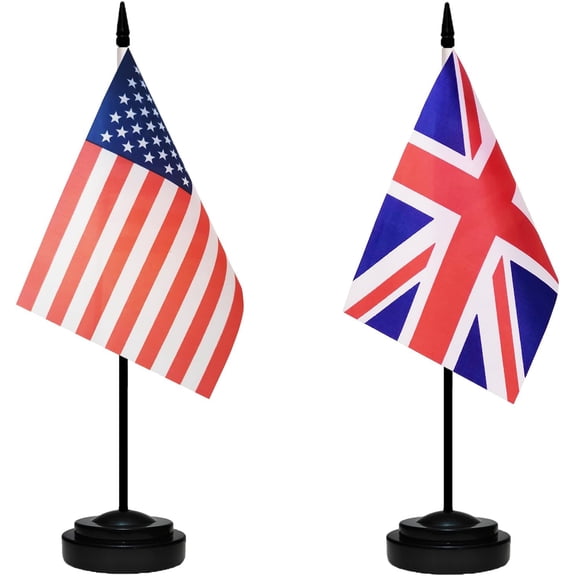 USA American & Britain United Kingdom Desk Flags, US UK Office Table Flag, Small Mini Miniature UK and US Desktop Flag With 13" Solid Black Pole, Black Base