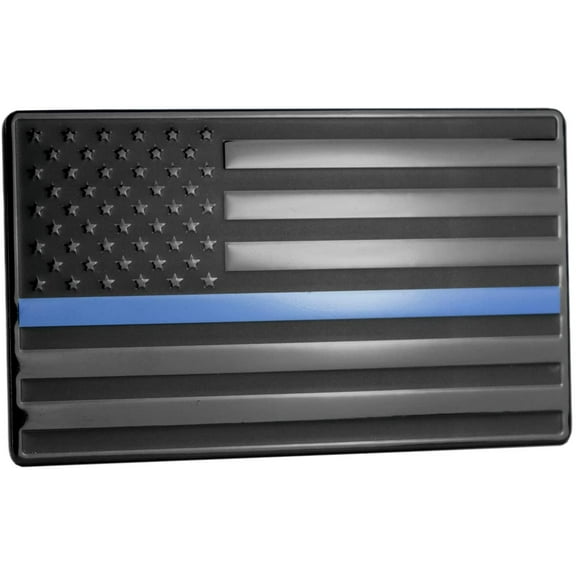 USA American Embossed Stainless Steel Metal Flag for Cars, Trucks Show Support of Police and Law Enforcement Officers Black with Thin Blue Line 5"x3"