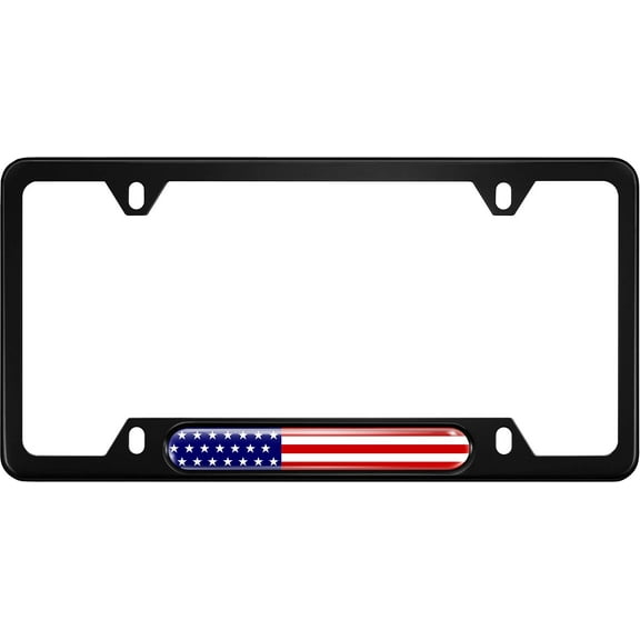 USA American Flag Car Narrow Top Aluminum License Plate Frame with Domed Design and Free Set of caps - Black