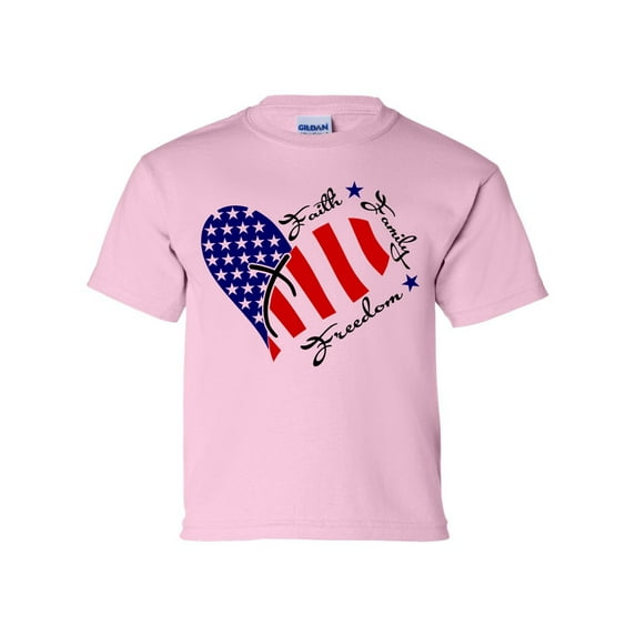 USA American Flag Faith Family Freedom 4th of July American Youth Kids Children's T-shirt Graphic Tee Graphic Tee-Light Pink-medium