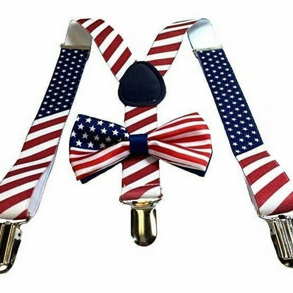 USA American Flag Kids Baby Suspenders and Bowtie Set Elastic Adjustable - New with box/tags
