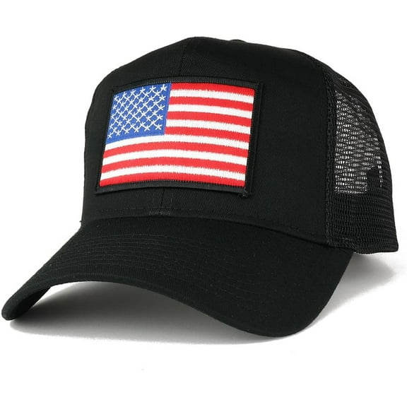USA American Flag Patch Snapback Trucker Mesh Cap - Black