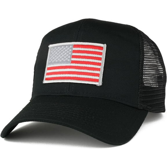 USA American Flag Patch Snapback Trucker Mesh Cap - Black