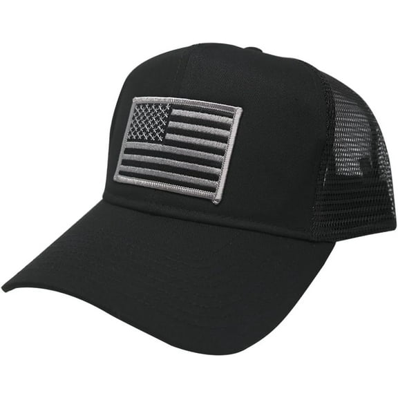 USA American Flag Patch Snapback Trucker Mesh Cap - Black