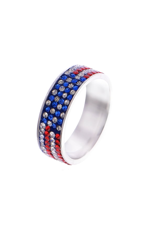 USA American Flag Patriotic Ring with Red and Blue Enamel and Cubic Zirconia