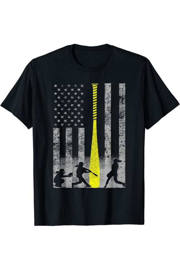 USA American Flag Softball Baseball Player Silhouette Distressed Vintage Retro Graphic T-Shirt Short Sleeve Activewear Casual Tee for Men Women