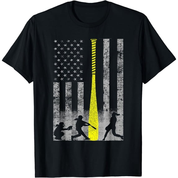 USA American Flag Softball Baseball Player Silhouette Distressed Vintage Retro Graphic T-Shirt Short Sleeve Activewear Casual Tee for Men Women