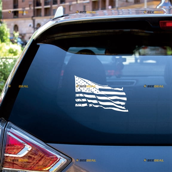 USA American Flag Sticker Decal Vinyl Distressed Tattered - White 8" - For Car Boat Laptop Cup No Background Die-cut 020