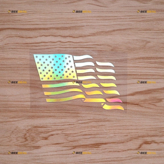 USA American Flag Sticker Decal Vinyl Waving - Holographic Iridescent 5" - For Car Boat Laptop Cup No Background Die-cut
