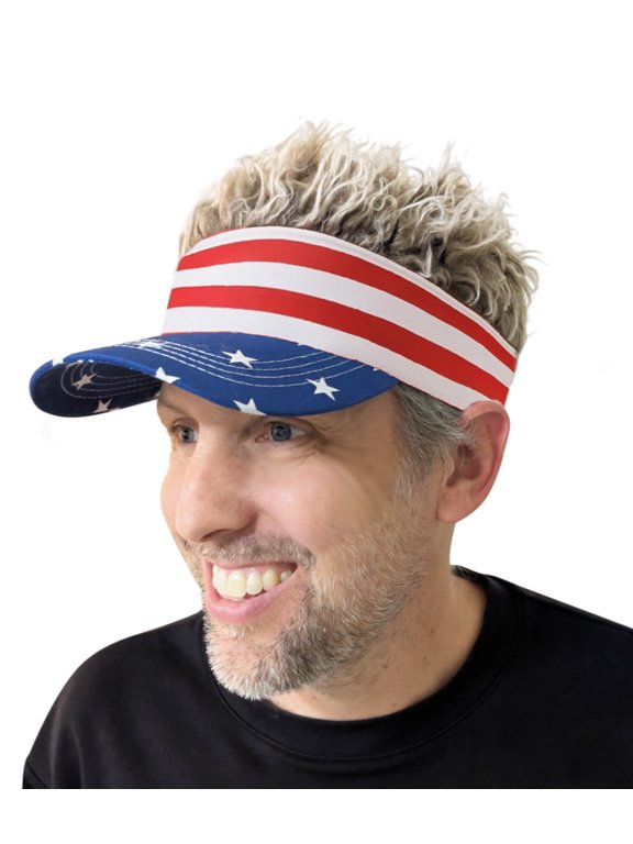 USA American Flag Sun Visor Merica Hat with Spiky Blonde Hair Funny Patriotic Novelty Cap for 4th of July, BBQs, Tailgates, Sporting Events & Costume Parties