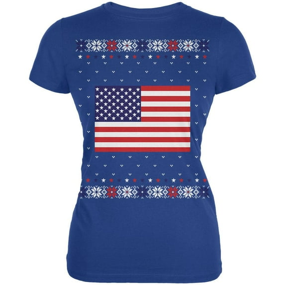 USA American Flag Ugly Christmas Sweater Juniors Soft T Shirt Royal LG