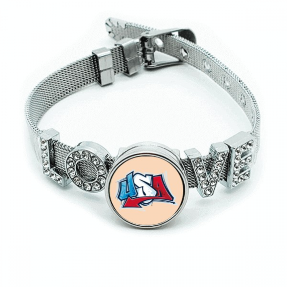 USA American Style Words Graffiti Bracelet Wristband Crystal Love Adjustable Bangle