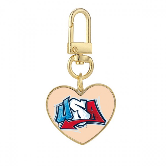 USA American Style Words Graffiti Gold Heart Keychain Metal Keyring Holder