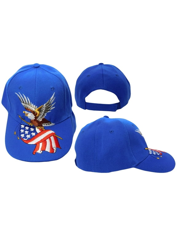 USA American Wavy Flag Bald Eagle Royal Blue Embroidered Adjustable Hat Cap